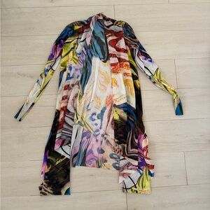 Petite Pois by Viviana Colorful Sheer Mesh Abstract Long Sleeve Cardigan